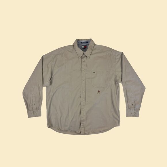 1990s XL Tommy Hilfiger shirt, vintage beige mens button down top - Picture 1 of 8